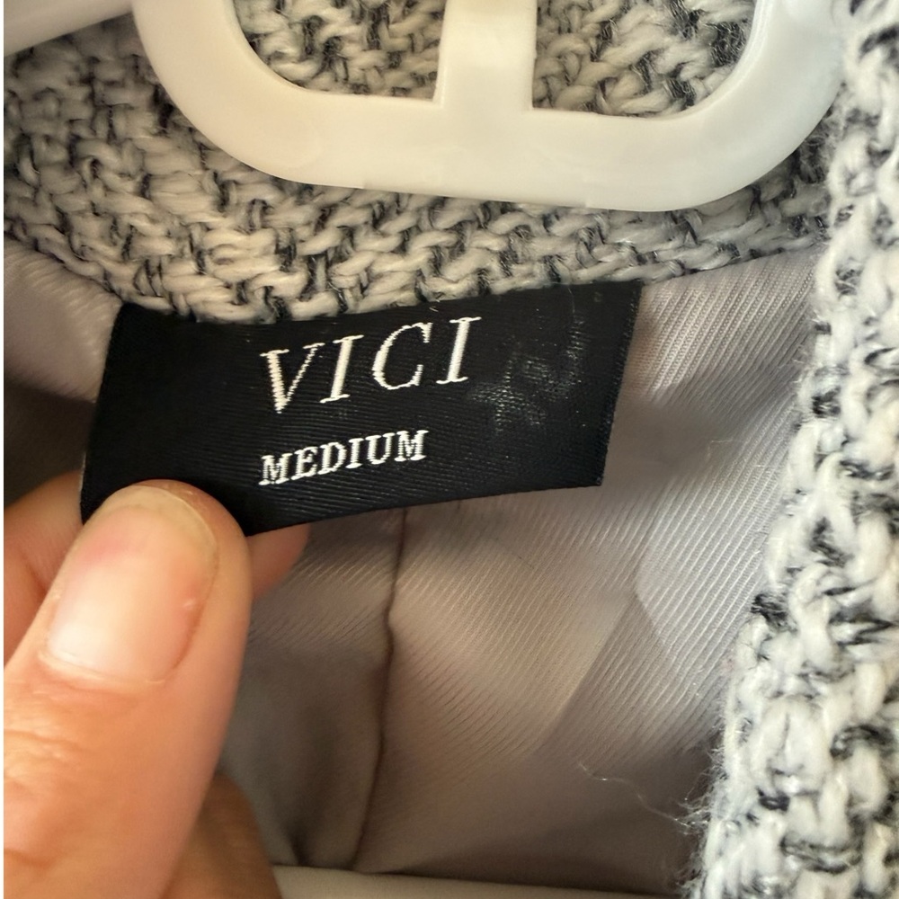 Vici Herringbone Blazer Coat Women’s M Grey Tweed Belted Jacket Chic Workwear - Picture 3 of 7